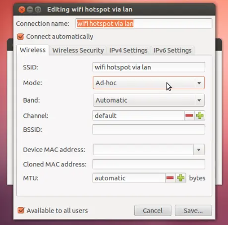 为Ubuntu笔记本电脑设置WiFi热点共享上网