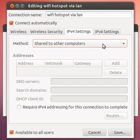 为Ubuntu笔记本电脑设置WiFi热点共享上网