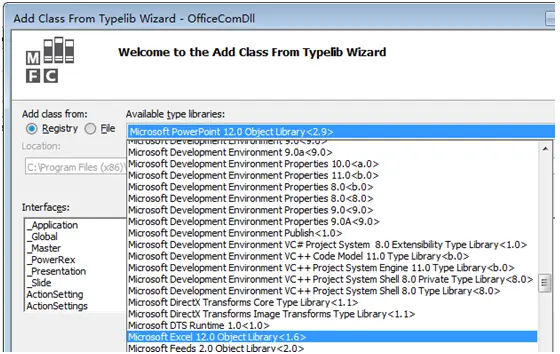 C++通过COM接口操作PPT
1.1 进入类向导
1.2 添加PowerPoint COM接口
1.3 添加Excel COM接口
3.1 定义PPT应用基础对象
3.2 启动PowerPoint软件，调用COM接口需要安装Office
3.3 打开PPT模板文件。修改PPT内容前，先打开PPT。
3.4 保存PPT文件内容，关闭文件，退出PowerPoint程序。
3.5 选中具体的PPT幻灯片。
5.1 定义图表数据结构。图表的数据都是用Excel存储的。
5.2 修改图表数据函数