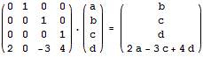 十个利用矩阵解决的经典题目
经典题目1 给定n个点，m个操作，构造O(m+n)的算法输出m个操作后各点的位置。操作有平移、缩放、翻转和旋转    这里的操作是对所有点同时进行的。其中翻转是以坐标轴为对称轴进行翻转（两种情况），旋转则以原点为中心。如果对每个点分别进行模拟，那么m个操作总共耗时O(mn)。利用矩阵乘法可以在O(m)的时间里把所有操作合并为一个矩阵，然后每个点与该矩阵相乘即可直接得出最终该点的位置，总共耗时O(m+n)。假设初始时某个点的坐标为x和y，下面5个矩阵可以分别对其进行平移、旋转、翻转和旋转操作。预先把所有m个操作所对应的矩阵全部乘起来，再乘以(x,y,1)，即可一步得出最终点的位置。     经典题目2 给定矩阵A，请快速计算出A^n（n个A相乘）的结果，输出的每个数都mod p。    由于矩阵乘法具有结合律，因此A^4 = A * A * A * A = (A*A) * (A*A) = A^2 * A^2。我们可以得到这样的结论：当n为偶数时，A^n = A^(n/2) * A^(n/2)；当n为奇数时，A^n = A^(n/2) * A^(n/2) * A （其中n/2取整）。这就告诉我们，计算A^n也可以使用二分快速求幂的方法。例如，为了算出A^25的值，我们只需要递归地计算出A^12、A^6、A^3的值即可。根据这里的一些结果，我们可以在计算过程中不断取模，避免高精度运算。经典题目3 POJ3233 (感谢rmq)    题目大意：给定矩阵A，求A + A^2 + A^3 + ... + A^k的结果（两个矩阵相加就是对应位置分别相加）。输出的数据mod m。k<=10^9。    这道题两次二分，相当经典。首先我们知道，A^i可以二分求出。然后我们需要对整个题目的数据规模k进行二分。比如，当k=6时，有：    A + A^2 + A^3 + A^4 + A^5 + A^6 =(A + A^2 + A^3) + A^3*(A
 + A^2 + A^3)

经典题目4 VOJ1049    题目大意：顺次给出m个置换，反复使用这m个置换对初始序列进行操作，问k次置换后的序列。m<=10, k<2^31。    首先将这m个置换“合并”起来（算出这m个置换的乘积），然后接下来我们需要执行这个置换k/m次（取整，若有余数则剩下几步模拟即可）。注意任意一个置换都可以表示成矩阵的形式。例如，将1 2 3 4置换为3 1 2 4，相当于下面的矩阵乘法：         置换k/m次就相当于在前面乘以k/m个这样的矩阵。我们可以二分计算出该矩阵的k/m次方，再乘以初始序列即可。做出来了别忙着高兴，得意之时就是你灭亡之日，别忘了最后可能还有几个置换需要模拟。

经典题目5 《算法艺术与信息学竞赛》207页（2.1代数方法和模型，[例题5]细菌，版次不同可能页码有偏差）    大家自己去看看吧，书上讲得很详细。解题方法和上一题类似，都是用矩阵来表示操作，然后二分求最终状态。经典题目6 给定n和p，求第n个Fibonacci数mod p的值，n不超过2^31    根据前面的一些思路，现在我们需要构造一个2 x 2的矩阵，使得它乘以(a,b)得到的结果是(b,a+b)。每多乘一次这个矩阵，这两个数就会多迭代一次。那么，我们把这个2 x 2的矩阵自乘n次，再乘以(0,1)就可以得到第n个Fibonacci数了。不用多想，这个2 x 2的矩阵很容易构造出来：     

经典题目7 VOJ1067    我们可以用上面的方法二分求出任何一个线性递推式的第n项，其对应矩阵的构造方法为：在右上角的(n-1)*(n-1)的小矩阵中的主对角线上填1，矩阵第n行填对应的系数，其它地方都填0。例如，我们可以用下面的矩阵乘法来二分计算f(n) = 4f(n-1) - 3f(n-2) + 2f(n-4)的第k项：         利用矩阵乘法求解线性递推关系的题目我能编出一卡车来。这里给出的例题是系数全为1的情况。

经典题目8 给定一个有向图，问从A点恰好走k步（允许重复经过边）到达B点的方案数mod p的值

经典题目9 用1 x 2的多米诺骨牌填满M x N的矩形有多少种方案，M<=5，N<2^31，输出答案mod p的结果         我们以M=3为例进行讲解。假设我们把这个矩形横着放在电脑屏幕上，从右往左一列一列地进行填充。其中前n-2列已经填满了，第n-1列参差不齐。现在我们要做的事情是把第n-1列也填满，将状态转移到第n列上去。由于第n-1列的状态不一样（有8种不同的状态），因此我们需要分情况进行讨论。在图中，我把转移前8种不同的状态放在左边，转移后8种不同的状态放在右边，左边的某种状态可以转移到右边的某种状态就在它们之间连一根线。注意为了保证方案不重复，状态转移时我们不允许在第n-1列竖着放一个多米诺骨牌（例如左边第2种状态不能转移到右边第4种状态），否则这将与另一种转移前的状态重复。把这8种状态的转移关系画成一个有向图，那么问题就变成了这样：从状态111出发，恰好经过n步回到这个状态有多少种方案。比如，n=2时有3种方案，111->011->111、111->110->111和111->000->111，这与用多米诺骨牌覆盖3x2矩形的方案一一对应。这样这个题目就转化为了我们前面的例题8。    后面我写了一份此题的源代码。你可以再次看到位运算的相关应用。经典题目10 POJ2778    题目大意是，检测所有可能的n位DNA串有多少个DNA串中不含有指定的病毒片段。合法的DNA只能由ACTG四个字符构成。题目将给出10个以内的病毒片段，每个片段长度不超过10。数据规模n<=2 000 000 000。    下面的讲解中我们以ATC,AAA,GGC,CT这四个病毒片段为例，说明怎样像上面的题一样通过构图将问题转化为例题8。我们找出所有病毒片段的前缀，把n位DNA分为以下7类：以AT结尾、以AA结尾、以GG结尾、以?A结尾、以?G结尾、以?C结尾和以??结尾。其中问号表示“其它情况”，它可以是任一字母，只要这个字母不会让它所在的串成为某个病毒的前缀。显然，这些分类是全集的一个划分（交集为空，并集为全集）。现在，假如我们已经知道了长度为n-1的各类DNA中符合要求的DNA个数，我们需要求出长度为n时各类DNA的个数。我们可以根据各类型间的转移构造一个边上带权的有向图。例如，从AT不能转移到AA，从AT转移到??有4种方法（后面加任一字母），从?A转移到AA有1种方案（后面加个A），从?A转移到??有2种方案（后面加G或C），从GG到??有2种方案（后面加C将构成病毒片段，不合法，只能加A和T）等等。这个图的构造过程类似于用有限状态自动机做串匹配。然后，我们就把这个图转化成矩阵，让这个矩阵自乘n次即可。最后输出的是从??状态到所有其它状态的路径数总和。    题目中的数据规模保证前缀数不超过100，一次矩阵乘法是三方的，一共要乘log(n)次。因此这题总的复杂度是100^3 * log(n)，AC了。