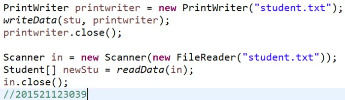 201521123039 《java程序设计》第十二周学习总结
1. 本周学习总结
2. 书面作业
将Student对象(属性：int id, String name,int age,double grade)写入文件student.data、从文件读出显示。
字符流与文本文件：使用 PrintWriter(写)，BufferedReader(读)
缓冲流
字符编码
字节流、二进制文件：DataInputStream, DataOutputStream、ObjectInputStream
基本概念
5.编写public static List readStudents(String fileName);从fileName指定的文本文件中读取所有学生，并将其放入到一个List中。应该使用那些IO相关的类？说说你的选择理由。
文件操作
编写一个程序，可以根据指定目录和文件名，搜索该目录及子目录下的所有文件，如果没有找到指定文件名，则显示无匹配，否则将所有找到的文件名与文件夹名显示出来。
正则表达式
3. 码云及PTA