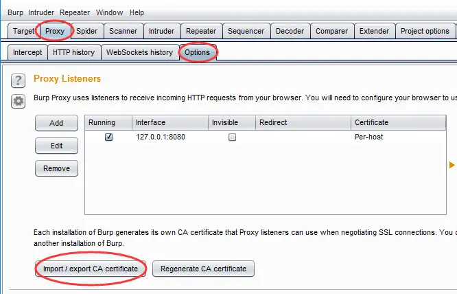 BurpSuite抓HTTPS包/BurpSuite CA证书下载
1.首先要把Burp Suite的CA证书下载到本地
2.接下来我们需要把证书导入浏览器，让浏览器添加信任