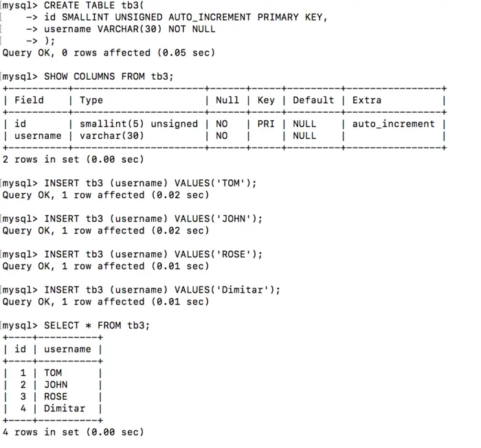 MySQL基础入门学习【3】数据表的操作（创建、查看、 插入记录、查看记录、约束1）