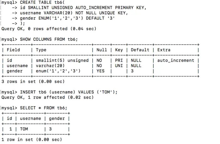 MySQL基础入门学习【3】数据表的操作（创建、查看、 插入记录、查看记录、约束1）