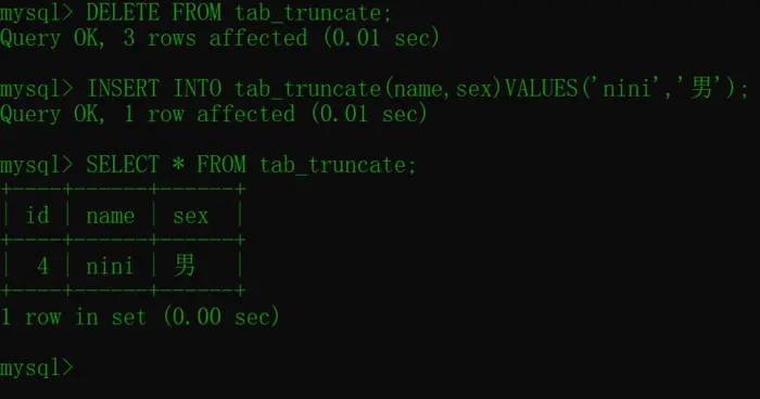 mySQL初学者一定要掌握的数据操纵
1.INSERT 语句为表中所有字段添加数据
2.使用 UPDATE 语句更新表中数据
3.使用 DELETE 语句来删除表中的记录
4.使用TRUNCATE删除表中所有的记录