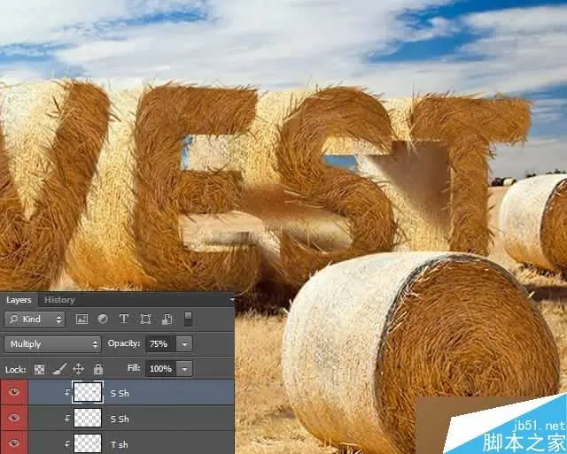 PS打造逼真的金灿灿的麦田草堆3D立体文字效果