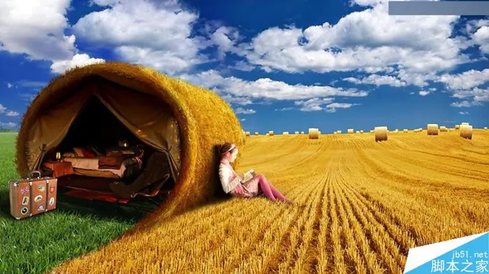 Photoshop创意合成靠在金灿灿的麦堆旁看书的小女孩