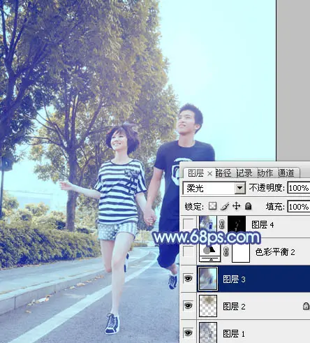 Photoshop为奔跑的情侣图片添加上柔和的韩系蓝黄色效果