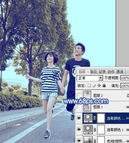 Photoshop为奔跑的情侣图片添加上柔和的韩系蓝黄色效果