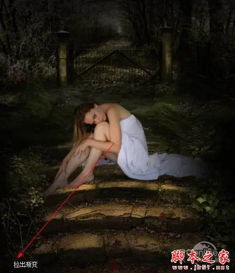 photoshop合成制作黑夜坐在石阶上提灯静坐的美女
