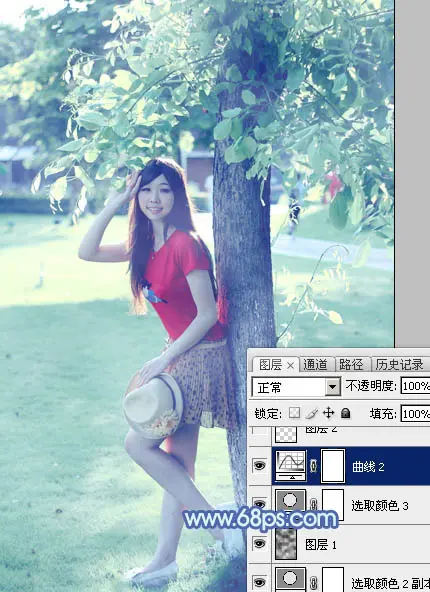 Photoshop为树边的女孩增加流行的淡调青蓝色