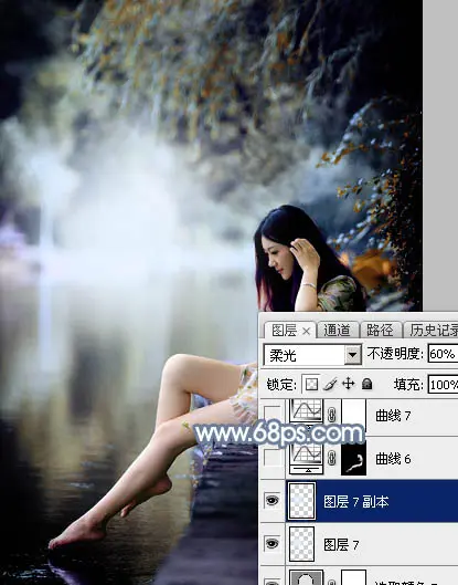 Photoshop将水景人物图片打造出柔和的古典青蓝色特效
