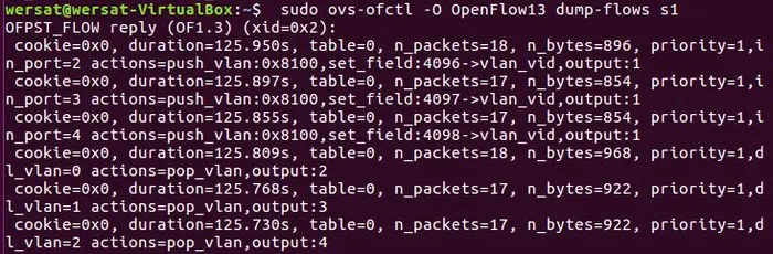 2019 SDN上机第2次作业
1. 利用mininet创建如下拓扑，要求拓扑支持OpenFlow 1.3协议，主机名、交换机名以及端口对应正确，请给出拓扑Mininet执行结果，展示端口连接情况
2. 直接在Open vSwitch下发流表，用vlan得到下列虚拟网段，请逐条说明所下发的流表含义
3. 直接在Open vSwitch查看流表，提交OVS命令执行结果
4. 提交主机连通性测试结果，验证流表的有效性
5. 利用Wireshark抓包，分析验证特定报文