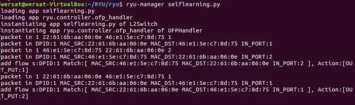 2019 SDN上机第5次作业
1.浏览RYU官网学习RYU控制器的安装和RYU开发入门教程，提交你对于教程代码的理解
3.在mininet创建一个最简拓扑，并连接RYU控制器
4.验证自学习交换机的功能，提交分析过程和验证结果
5.写下你的实验体会