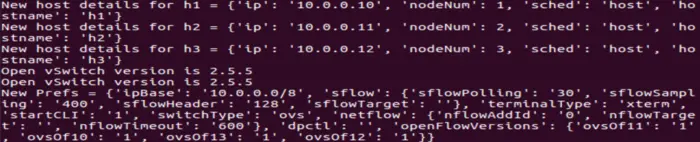 2019 SDN上机第1次作业
1、安装轻量级网络仿真工具Mininet
2、用字符命令搭建如下拓扑，要求写出命令
3. 利用可视化工具搭建如下拓扑，并要求支持OpenFlow 1.0 1.1 1.2 1.3，设置h1（10.0.0.10）、h2（10.0.0.11）、h3（10.0.0.12），拓扑搭建完成后使用命令验证主机ip，查看拓扑端口连接情况。
4. 利用Python脚本完成如下图所示的一个Fat-tree型的拓扑（交换机和主机名需与图中一致，即s1s6，h1h8，并且链路正确，请给出Mininet相关截图）