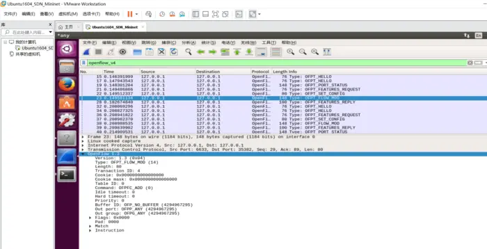 2019 SDN上机第3次作业
1. 利用Mininet仿真平台构建如下图所示的网络拓扑，配置主机h1和h2的IP地址（h1:10.0.0.1，h2:10.0.0.2），测试两台主机之间的网络连通性
2.利用Wireshark工具，捕获拓扑中交换机与控制器之间的通信数据，对OpenFlow协议类型的各类报文（hello, features_request, features_reply, set_config, packet_in, packet_out等）进行分析，对照wireshark截图写出你的分析内容。