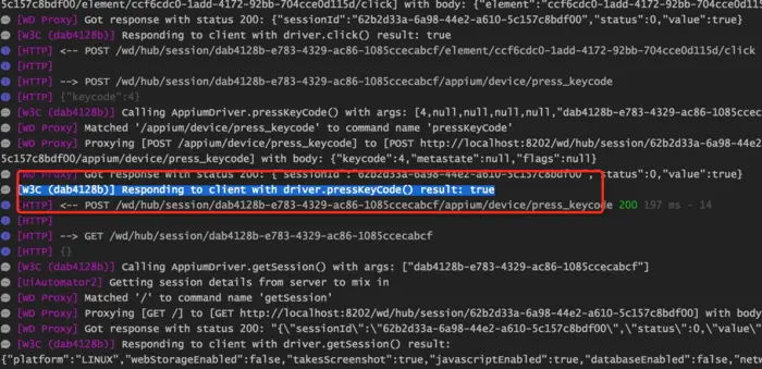 Appium 中使用 pressKeyCode 方法不起作用也没有报错
 
 
为了使 appium 支持 Android 系统 7 及以上，automationName 使用了 UIAutomator2。但是发现，使用androidDriver.pressKeyCode(AndroidKeyCode.ENTER)方法时，页面没有回车搜索，没有达到预期模拟键盘中回车的效果，查看server日志也没有报错信息。如果将automationName 改为 Appium 则正常。
点击返回键
Driver.pressKeyCode(AndroidKey.BACK);