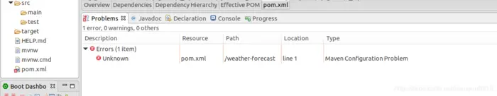 使用eclipse搭建springboot项目pom.xml文件第一行报错(Maven Configuration Problem)