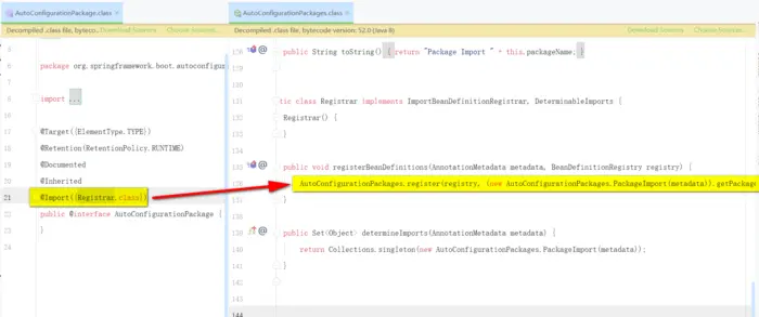 Spring Boot自动配置原理分析
 1.@SpringBootConfiguration注解
@Configuratin注解是Spring框架提供的，表示当前类是一个配置类。
@SpringBootConfiguration注解和 @Configuratin注解都是标识一个可以被组件扫描器扫描的配置类，
只不过@SpringBootConfiguration是被Spring Boot进行了重新的命名和封装。
2.@EnableAutoConfiguration注解
@EnableAutoConfiguration注解是一个组合注解，由@AutoConfigurationPackage注解和
@Import({AutoConfigurationImportSelector.class})注解组成。
（1）@AutoConfigurationPackage注解
该注解的主要作用是获取项目主程序类的根目录，从而指定后续组件扫描器要扫描的包位置。
（2）@Import({AutoConfigurationImportSelector.class})注解
3.@ComponentScan注解
@ComponentScan注解是一个组件包扫描器，用于将指定包中的注解类自动装配到Spring的Bean容器中。
@ComponentScan注解具体扫描的包的根路径由Spring Boot项目主程序类所在包位置决定，在扫描过程中，
由@AutoConfigurationPackage注解进行解析，从而得到Spring Boot项目主程序启动类所在包的具体位置。