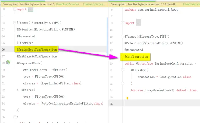 Spring Boot自动配置原理分析
 1.@SpringBootConfiguration注解
@Configuratin注解是Spring框架提供的，表示当前类是一个配置类。
@SpringBootConfiguration注解和 @Configuratin注解都是标识一个可以被组件扫描器扫描的配置类，
只不过@SpringBootConfiguration是被Spring Boot进行了重新的命名和封装。
2.@EnableAutoConfiguration注解
@EnableAutoConfiguration注解是一个组合注解，由@AutoConfigurationPackage注解和
@Import({AutoConfigurationImportSelector.class})注解组成。
（1）@AutoConfigurationPackage注解
该注解的主要作用是获取项目主程序类的根目录，从而指定后续组件扫描器要扫描的包位置。
（2）@Import({AutoConfigurationImportSelector.class})注解
3.@ComponentScan注解
@ComponentScan注解是一个组件包扫描器，用于将指定包中的注解类自动装配到Spring的Bean容器中。
@ComponentScan注解具体扫描的包的根路径由Spring Boot项目主程序类所在包位置决定，在扫描过程中，
由@AutoConfigurationPackage注解进行解析，从而得到Spring Boot项目主程序启动类所在包的具体位置。