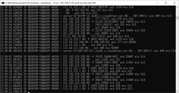 20199322 2019-2020-2 《网络攻防实践》第4周作业
先看一下虚拟机的ip
然后输入指令tcpdump  src 192.168.200.2 and tcp dst port 80，这个主要是检测tcp的80端口，就是俗称的http
去kali内置的Firefox浏览器，输入：www.tianya.cn，回到终端，就能看到数据流动了
简单解释一下这个指令，每个人电脑的网卡(虚拟网卡？)不同，必须要选择对应的一块，不然看不到数据流动。这个-i 4就代表我选择了第四块显卡
我们关闭所有的web网页，然后只打开www.tianya.cn，然后我们看看几张数据流动的图
这里我没有试复旦，我试了北大，南大，中科大，最终只有中科大成功了，其他几个23端口失效了。
我们看看wireshark捕获的数据
我们追踪一下wireshark里的tcp流
经过查资料知，telnet协议是通过发送一个ip数据包，将用户名以及登录口令以NVT（Net Virtual Terminal）格式传送到远程主机(服务器)。
先用wireshark打开云班课里的listen.pcap文件
根据TCP的三次握手过程，发起者是没有ack的，所以172.31.4.178是攻击主机
coloring rule name：TCP RST,经过百度知道，这是TCP SYN扫描，所以工具应该是nmap
在重点分析了TCP握手的过程后，发现TTL值是64，经过百度可知是Linux操作系统