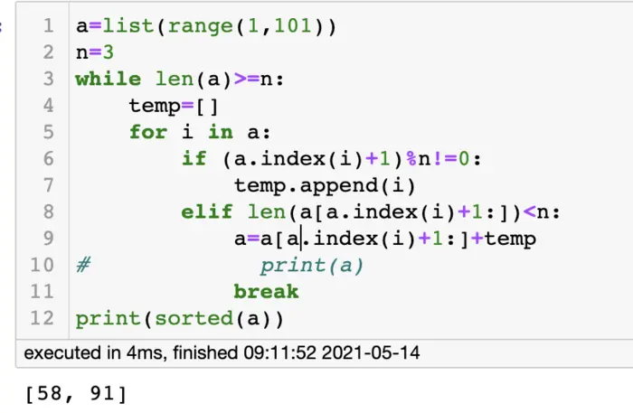 【原创】只需3行代码，Python基础面试题：循环报数3的出圈
题目：
面试题-python3 100个人围一圈编号1-100，依次开始报数报到3的退出 
Python——报数出圈