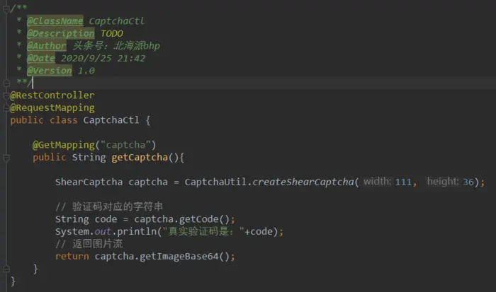 springboot+captcha生成验证码
创建springboot项目，点击Next 
填写必要信息，点击Next
选择必要依赖，点击Next
确认项目信息，点击Finish
生成初始项目如下
添加工具依赖，这里我们使用hutool，版本选最新的即可，文章末尾会介绍
新建控制器CaptchaCtl
增加一个生成验证码的接口
调用CaptchaUtil里边的具体方法
三种方法主要区别 
选择一种喜欢的，完善生成方法，其中code就是图片对应的真实文字，用来和用户输入值进行比较
 运行项目，请求接口，前端获取到了图片流，后端打印出了验证码的真实值：tdxua
 拷贝前端的图片流，去专业网站验证图片生成情况
 拷贝前端的图片流，去专业网站验证图片生成情况
 贴上完整代码
相关资料