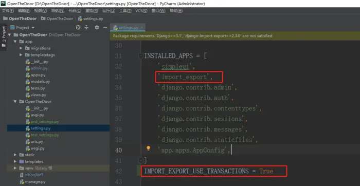 Python Django 零基础破门而入篇（二）
本文介绍如何使用django-import-export 实现以下功能点
1.安装 django-import-export
2.配置项目文件下 settings.py
3.修改app-->admin.py 设置导出代码列头 代码如下
 4.运行效果
5.导出excel 存在以下问题
6.导入配置
7.在应用目录(app)下-->templatetags-->apptags.py
8.修改项目settings.py
9.重写django-import-export 导入页面
10.在项目中的templates-->admin-->import_export 下把导入导出两个页面都复制过来（export.html   import.html）
11.修改import.html  标注背景色的两处
12.运行效果
13.自动将当前登录用户 赋值每条导入对象(instance)的 创建者/修改者字段  
14.最终admin.py代码
15.给导入导出页面 (export.html    import.html) 新增返回按钮
14.项目运行安装包版本