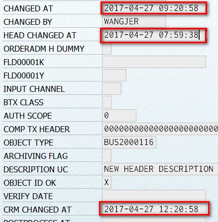 SAP CRM One Order header数据库表几个和时间戳相关的字段
CHANGED_AT
HEAD_CHANGED_AT